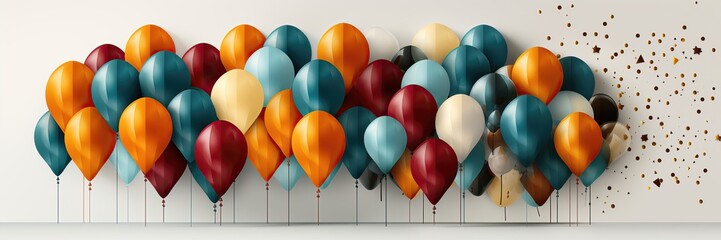 A wide-format festive background image for creative content featuring colorful balloons set against a clean white background, creating a vivid and celebratory canvas. Illustration