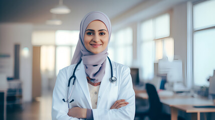 Portrait of a young Muslim woman doctor in a hijab, looking at the camera and smiling, standing against the backdrop of a bright medical office with copy space - obrazy, fototapety, plakaty
