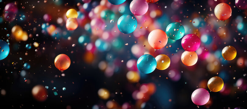 A customizable wide-format festive background image for creative content featuring colorful balloons drifting in the air against a blurred background. Photorealistic illustration