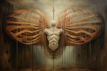 An abstract, surreal representation of a ribcage, with ribs transforming into the bars of a birdcage, symbolizing the longing for freedom.