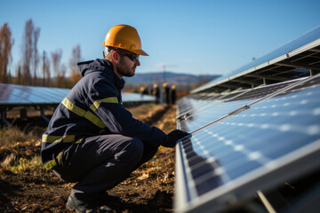 Side view of solar power plant worker repairing panel, cell after breakdown