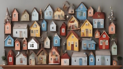 wall decorated with multiple little houses - obrazy, fototapety, plakaty