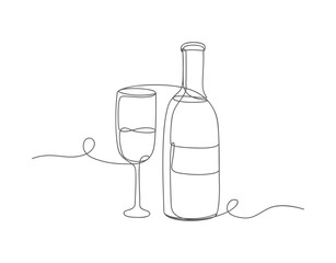One line continuous linear champagne wine glass and bottle, new year celebration vector illustration.