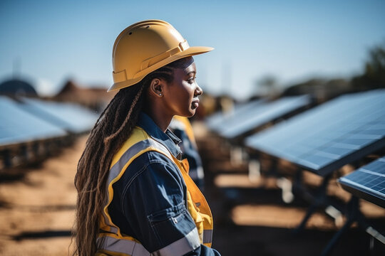 Side view of african female solar power plant worker performing repair work