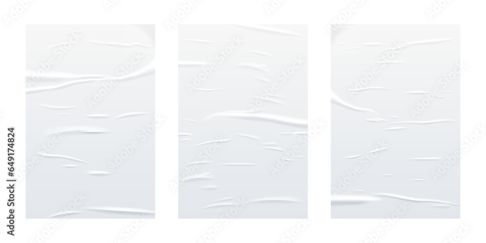 Poster glued white vertical rectangle paper sheets set. vector isolated realistic crumpled posters bundle. 