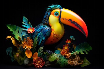 A surreal portrayal of a toucan with its vibrant beak transforming into a vibrant, tropical rainforest, emphasizing biodiversity and vitality.