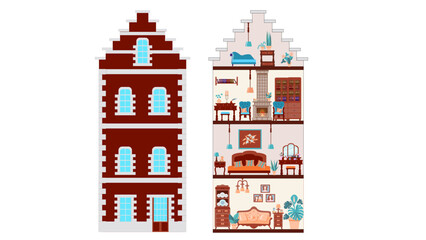 Vintage antique dollhouse inside and out, the facade of an old house, bedroom, living room, study and attic with retro furniture, Illustration in a flat cartoon style.