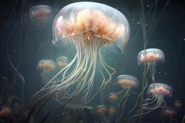 A surrealistic composition featuring a jellyfish with tentacles that transform into delicate, floating ribbons, creating a sense of grace and tranquility.