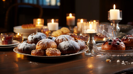Naklejka premium A festive Hanukkah table adorned with silver menorahs, glistening dreidels, and a spread of delicious sufganiyot (jelly-filled donuts)