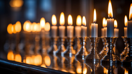 The mesmerizing glow of Hanukkah candles reflected in a pair of polished silver candlesticks - obrazy, fototapety, plakaty