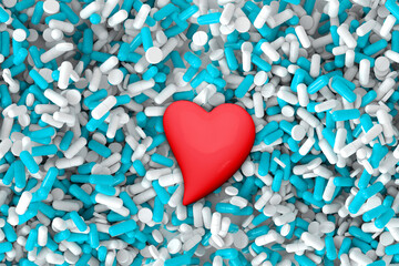 Obraz premium red volume heart, turquoise, blue vitamins, capsule, pills, Valentine's Day, medicine, pharmacology, health, humanization intensive care, cardiology, drug addiction, day medic, overdose, 3d rendering