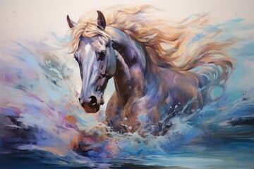 A dreamlike portrayal of a horse with a mane that transforms into a flowing river, creating a sense of movement and fluidity.