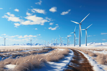 Wind farm of a power plant on background of winter landscape of nature