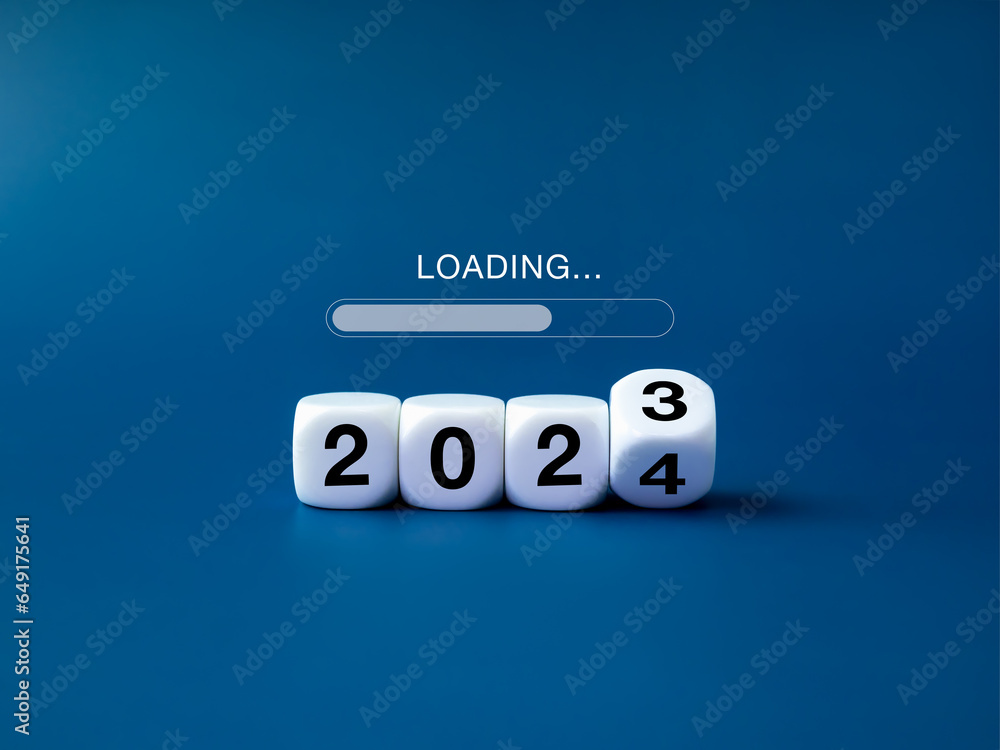Poster loading to merry christmas and begin a happy new year 2024 banner background. loading, text appears 
