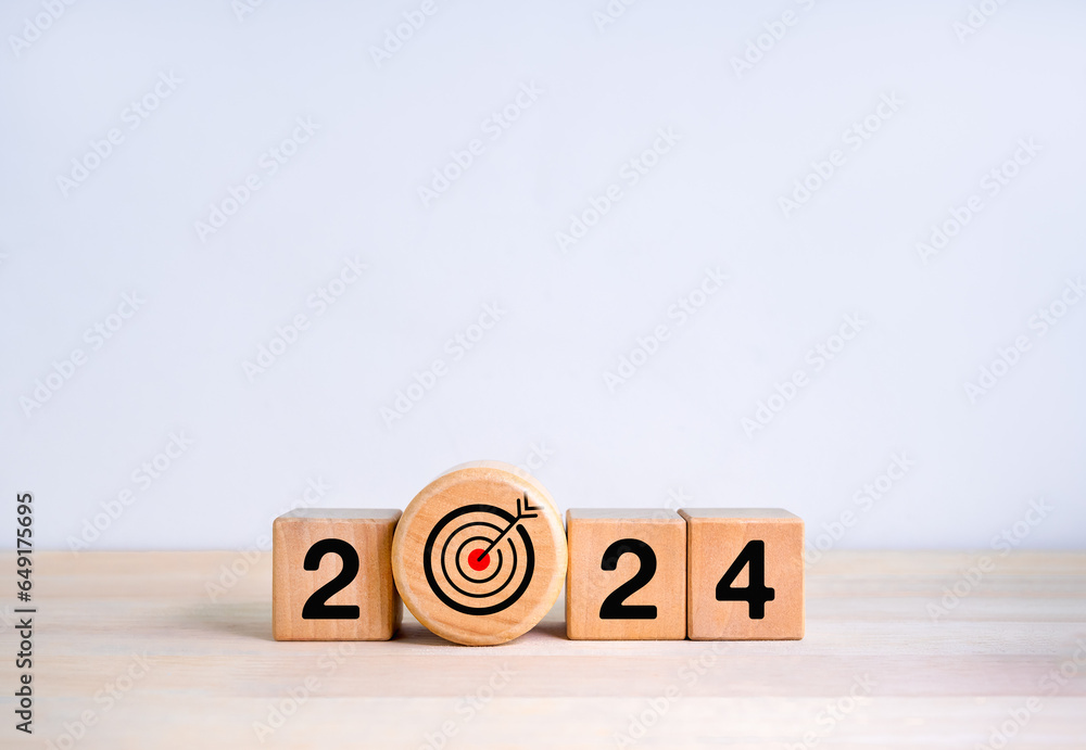 Poster happy 2024 calendar year with goal and success concepts. big wood target dart icon and 2024 year num