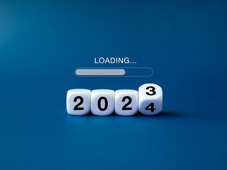 Loading to Merry christmas and begin a happy new year 2024 banner background. Loading, text appears...