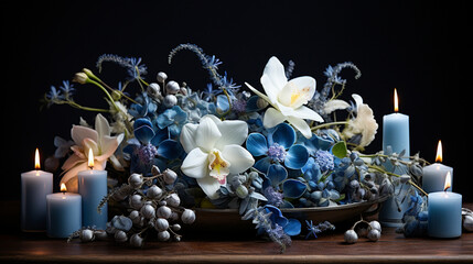 Obraz premium A stunning Hanukkah centerpiece featuring an arrangement of fresh flowers and lit candles