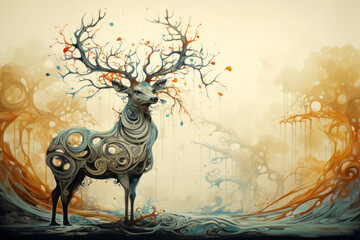 An abstract, dreamlike portrayal of a deer with antlers that morph into twisted tree branches, blurring the lines between the animal and nature.