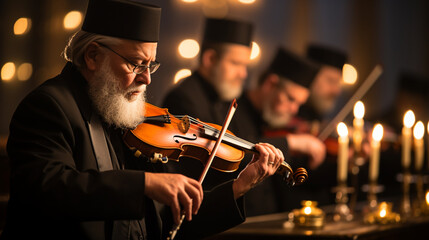 A captivating Hanukkah concert with musicians playing traditional Jewish melodies on string instruments - obrazy, fototapety, plakaty