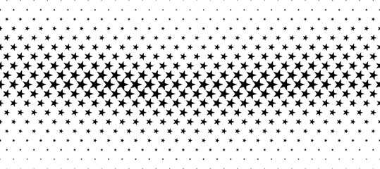 Seamless in one direction. Halftone vector background. Filled with black stars . Short fade out with broken guide rail
