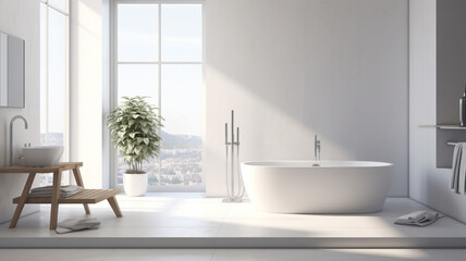 Minimalistic realistic white bathroom.  Simple and clean interior.