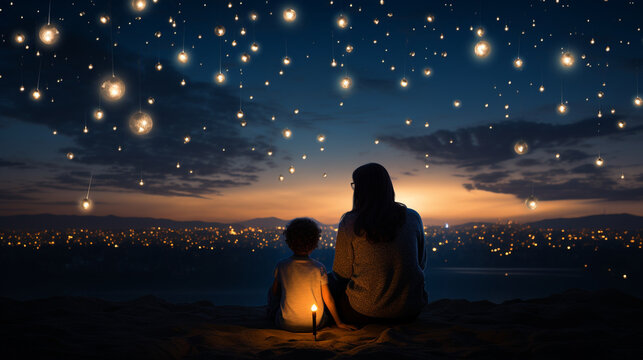 A serene Hanukkah moment with a parent and child gazing at the night sky, admiring the stars