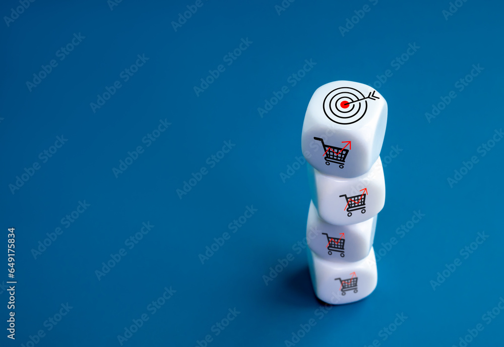 Aufkleber target icon on top of white cube block stack with red growth graph shopping cart, sales increase ico