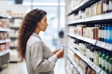 Woman comparing products in grocery