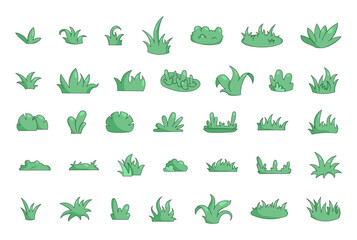 Growing grass and plant. Cultivated lawn and meadow. Vector drawing. Collection of design elements.