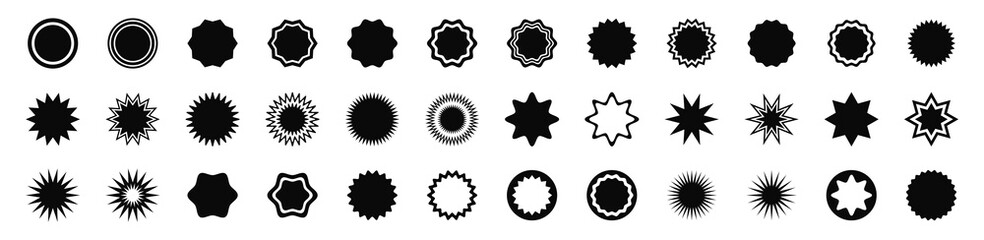 Set of black round shapes, star shapes, stickers, sale badges, price tags, quality marks, retro geometric shapes, sunburst badges, vector frames.