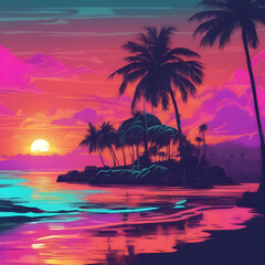Fototapeta na wymiar Bright neon landscape with sea and palm trees, beautiful sunset