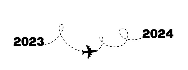 Plane with dashed line from 2023 to 2024 new year