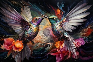 A whimsical, surrealistic artwork featuring two hummingbirds, their wings creating a surreal, iridescent vortex.