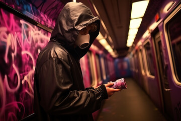 Teenage Protester Graffiti Spraying in Underground Tunnel, Masked and Hooded. created with Generative AI