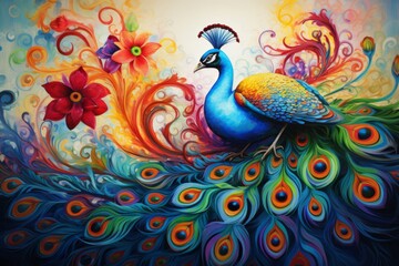 An abstract, surrealistic portrayal of two peacocks, their vibrant plumage transforming into a surreal, swirling tapestry of colors.