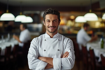 Fototapeta premium Italian American Chef in Action with Restaurant Ambiance and Guests Dining in the Background. created with Generative AI