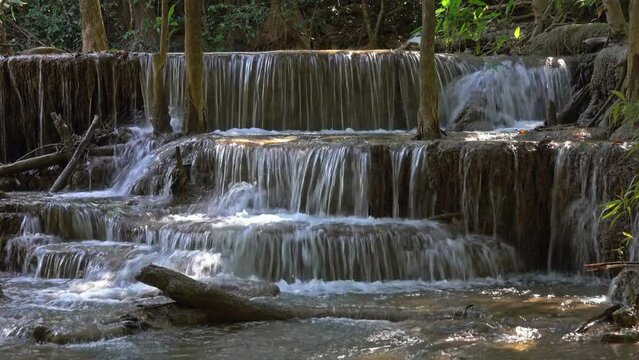 Huai Mae Khamin tropical jungle waterfall in Kanchanaburi province, Thailand, 4k