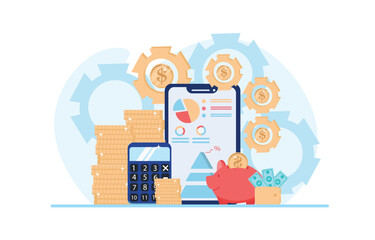 Save money and investment management finance technology. Calculating and analyzing personal or corporate budget, managing financial income. Vector illustration