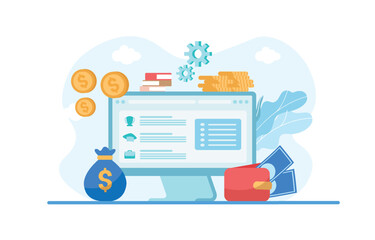 Save money and investment management finance technology. Calculating and analyzing personal or corporate budget, managing financial income. Vector illustration