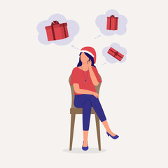 One Woman With Santa Hat And Thought Bubbles Sitting With Cross-Legged While Thinking Of What Christmas Present She Should Buy. Full Length. Flat Design.