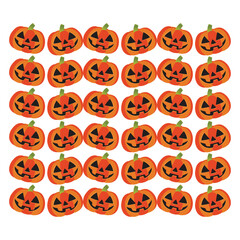 Vector seamless pattern for Halloween with orange smiling spooky pumpkins on dark blue background. Holiday backdrop for wrapping paper, fabric, textile, scrapbook.
