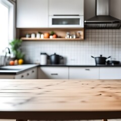 Fototapeta na wymiar Empty kitchen table and blurred kitchen background