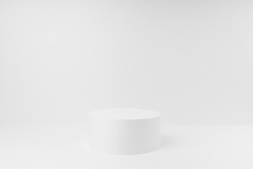 Abstract white stage with one round podium as mockup. Template for presentation cosmetic products,...