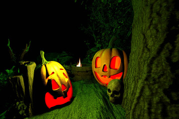 Halloween carved pumpkins in the night. 3D render illustration.