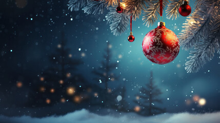 Christmas tree snow background with decorating chrismas ball and star top view, Winter holiday...
