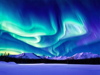 northern lights, winter forest and mountains. Background