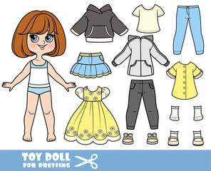 Cartoon brunette girl with short bob and clothes separately - long sleeve, shirts, skirt, jacket, jeans and sneakers