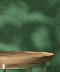 Round wooden table podium tray, gold steel leg in sunlight, leaf shadow on green fabric texture...