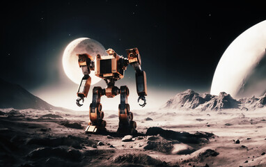 grande e possente robot meccanico fermo sulla superficie di una luna, spazio e pianeti sullo sfondo