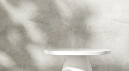 White round glossy pedestal side table podium in sunlight, tropical leaf shadow on polished cement...
